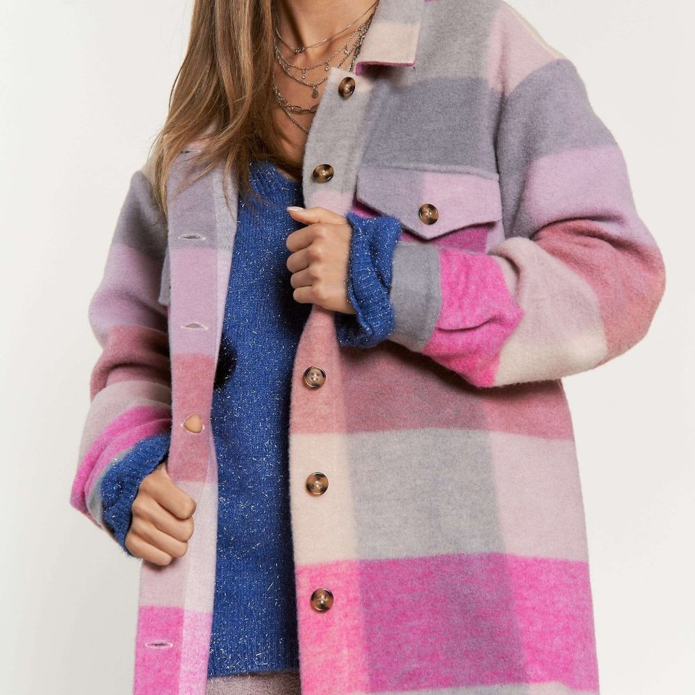 new DAVI N DANI PINK PLAID SHACKET JACKET SHIRT western boho shabby Chic SM-3X